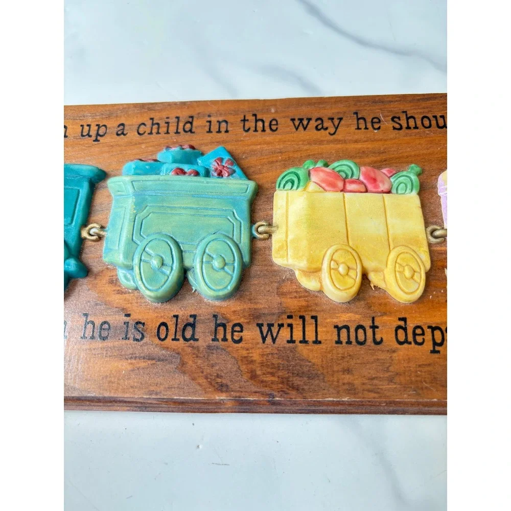 Vintage Wooden Proverbs 22:6 Child Train Wall Plaque Nursery Decor Teddy Bear